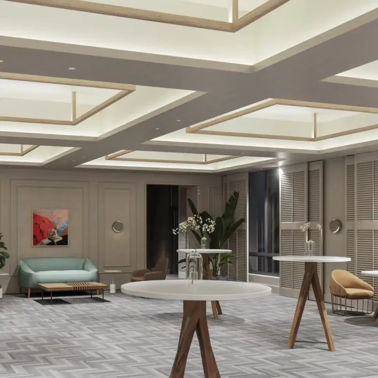 High-end lounge design with energy-efficient LED architectural lighting in geometric coffered ceiling
