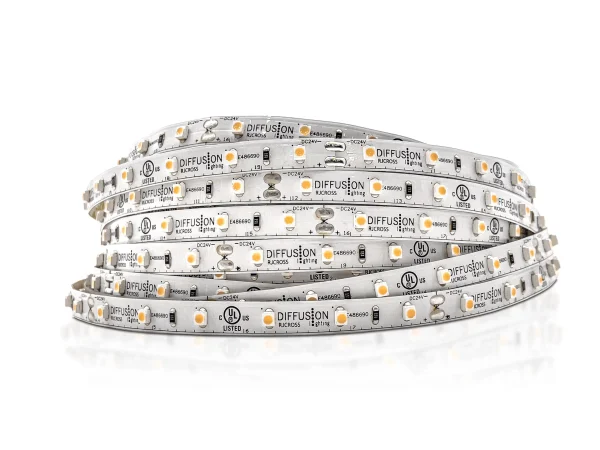 Diffusion SL1-Indoor: flexible 8mm wide linear LED strip. Comes in 16' and 100' rolls, or custom cuts every 6 LEDs (100mm or 4"). Suitable for indoor lighting applications.