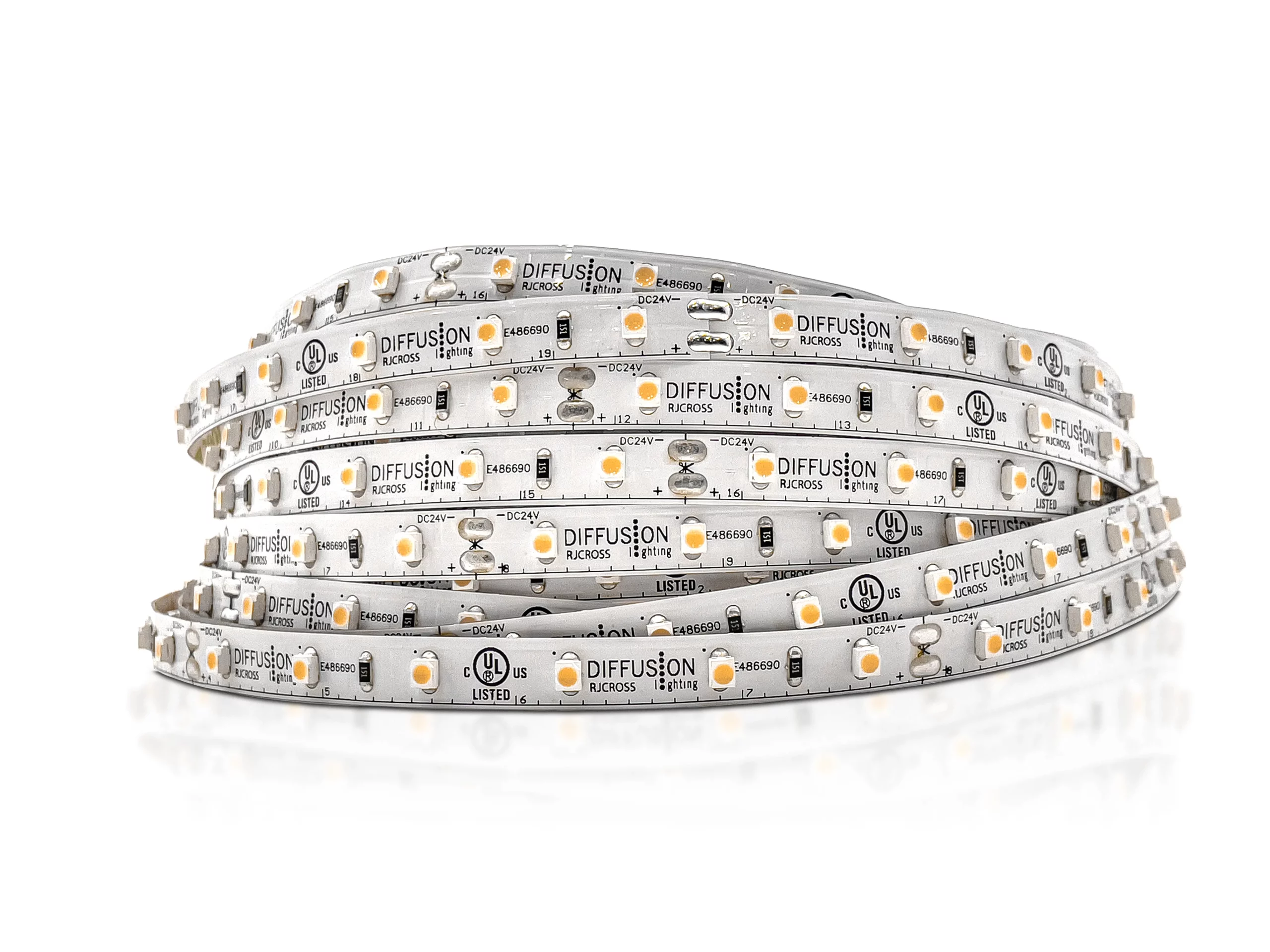 Diffusion SL1-Indoor: flexible 8mm wide linear LED strip. Comes in 16' and 100' rolls, or custom cuts every 6 LEDs (100mm or 4"). Suitable for indoor lighting applications.