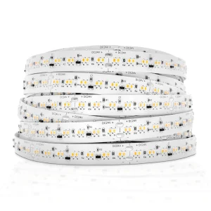 Coiled flexible LED strip lights with high-density SMD LEDs on white PCB for architectural applications