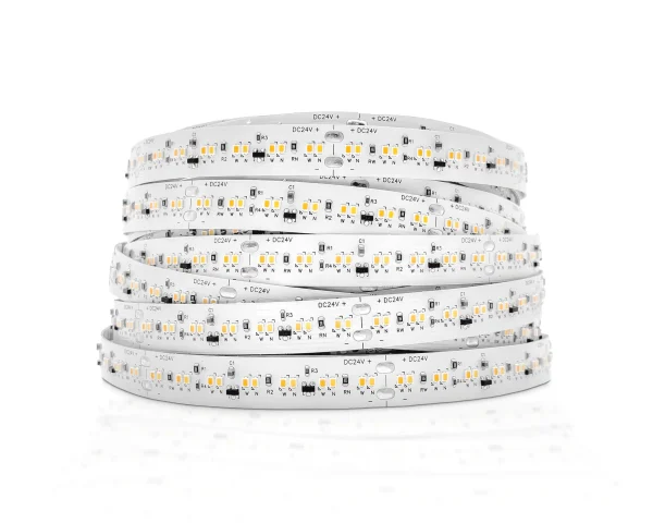 Coiled flexible LED strip lights with high-density SMD LEDs on white PCB for architectural applications