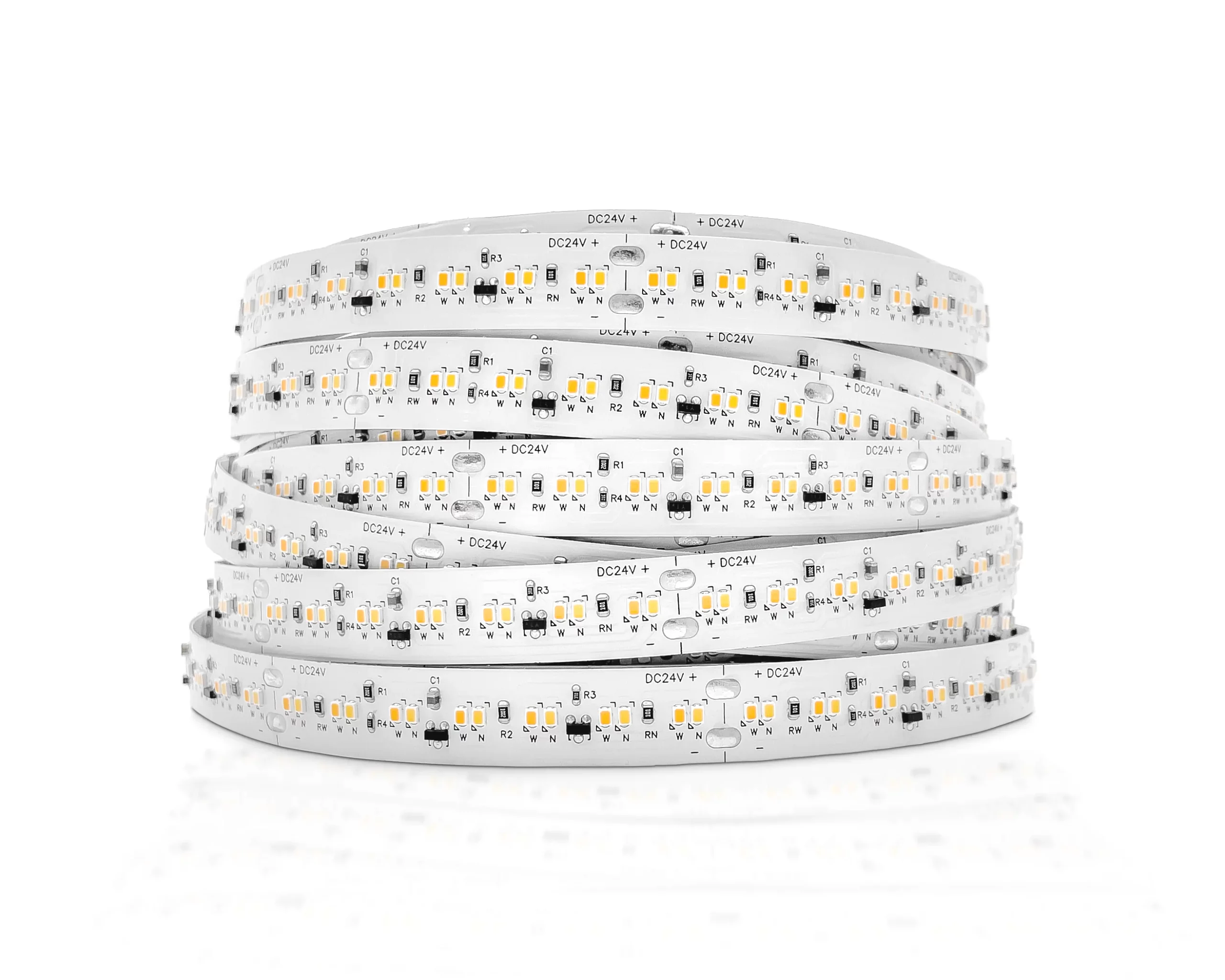Coiled flexible LED strip lights with high-density SMD LEDs on white PCB for architectural applications