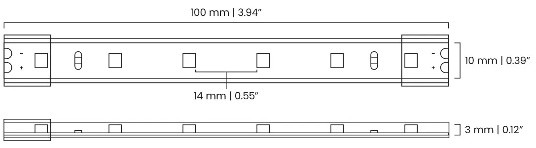Outdoor flexible LED strip technical drawing: 100 × 10 mm segment with solder pads, +/− indicators, and 3mm low-profile thickness