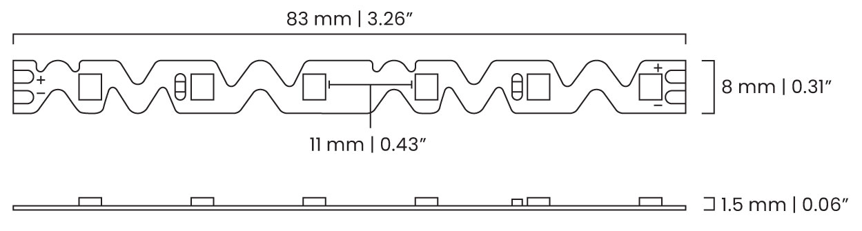 Technical PCB layout diagram of flexible LED strip showing 83mm segment, 8mm width, wavy pads, SMD placements, and polarity markings
