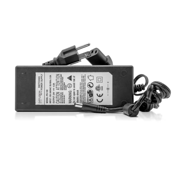 Diffusion PW96-24V - 24W plug-in LED driver for indoor use. Provides 24V DC output voltage for LED lights up to 100W. Easy plug-and-play setup.