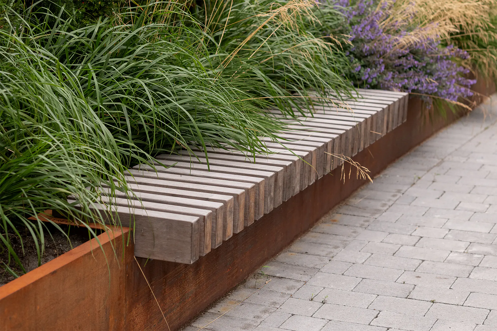 Long corten steel raised planter with built-in wooden slat bench top, overflowing with tall green grasses, purple flowers, and golden ornamental plants along brick pathway