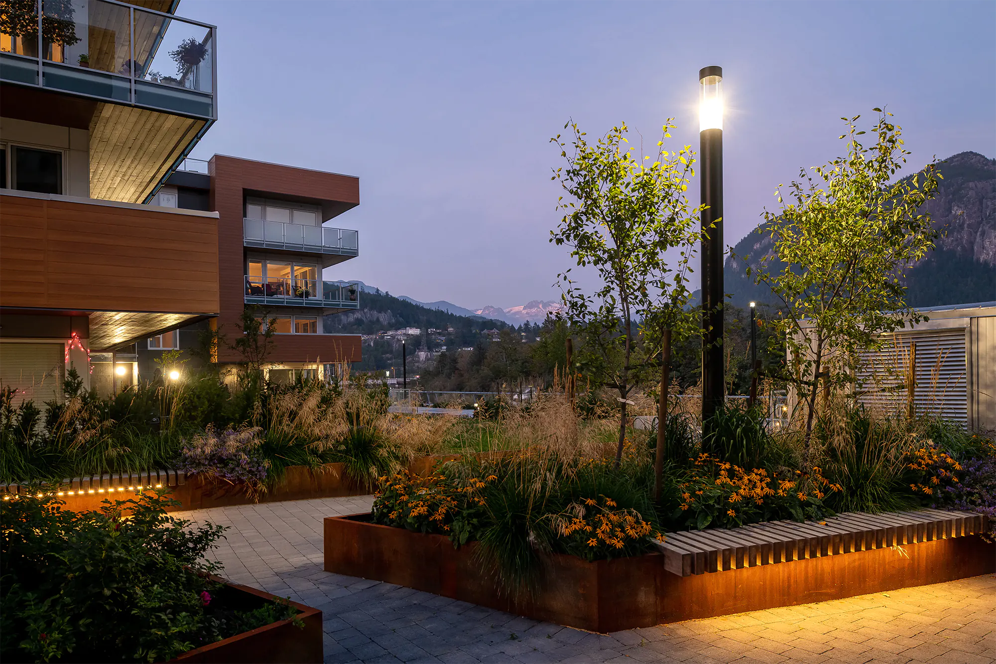 Twilight rooftop terrace with tall black bollard light, linear LED in corten planters with native plants and flowers, wood-clad buildings, and distant mountains