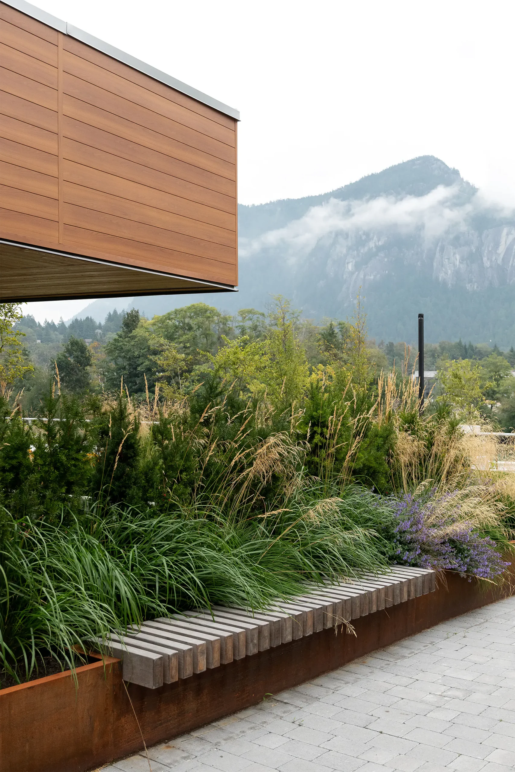 Close-up of modern wooden facade with horizontal cedar cladding, metal cap, cantilevered overhang, and foggy mountain backdrop