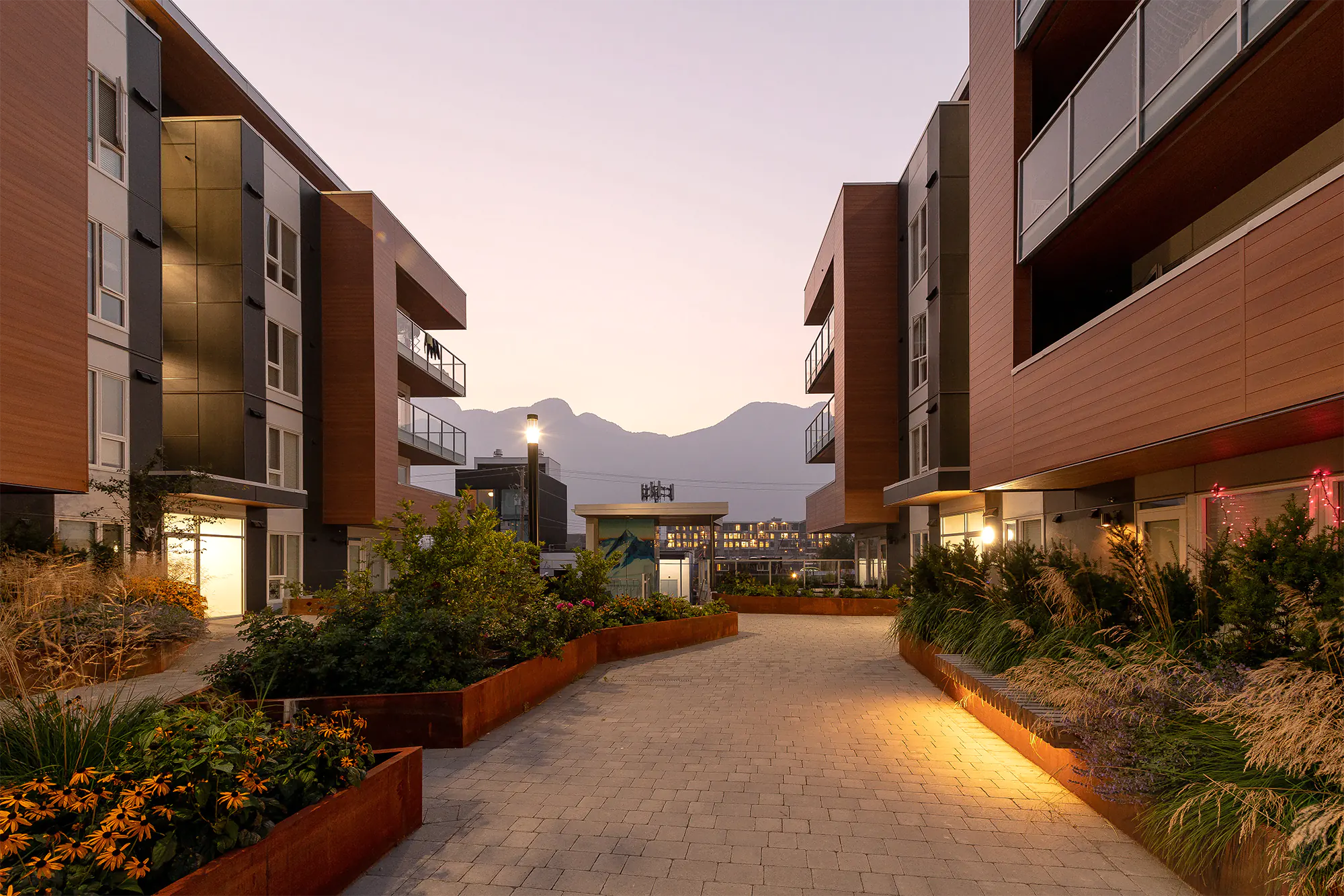 Dusk view of modern apartment courtyard with linear LED lighting in corten planters, tall bollard path light, native plants, and backlit mountain mural