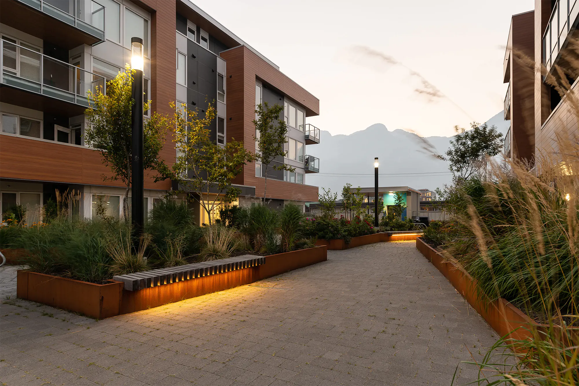 Modern courtyard at dusk with tall black bollard lights, corten steel planters with wooden slat benches lit by linear LED underneath, native grasses, purple flowers, and mountain backdrop