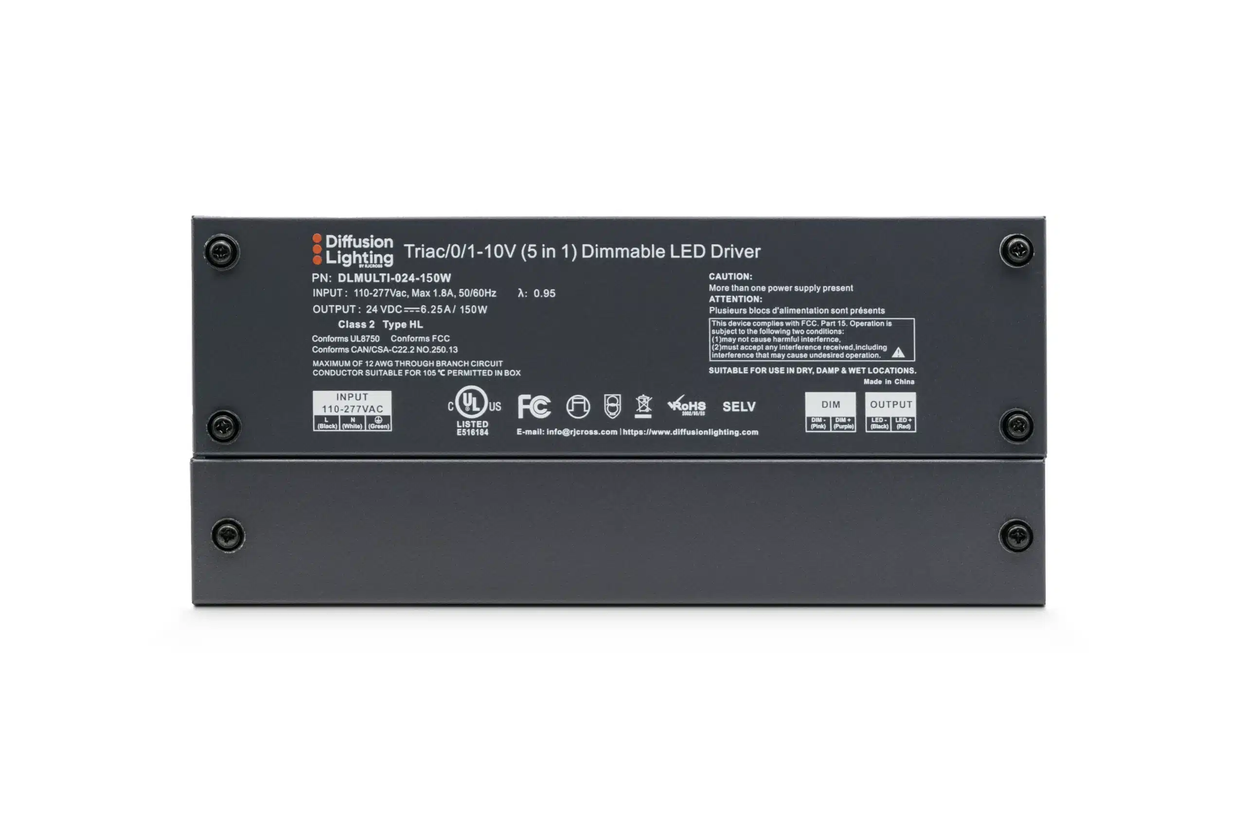 Diffusion DLMULTI-024-150W is a Dimmable LED Driver that works with Forward / Reverse phase, ELV, Triac, or 0-10V Dimmers.