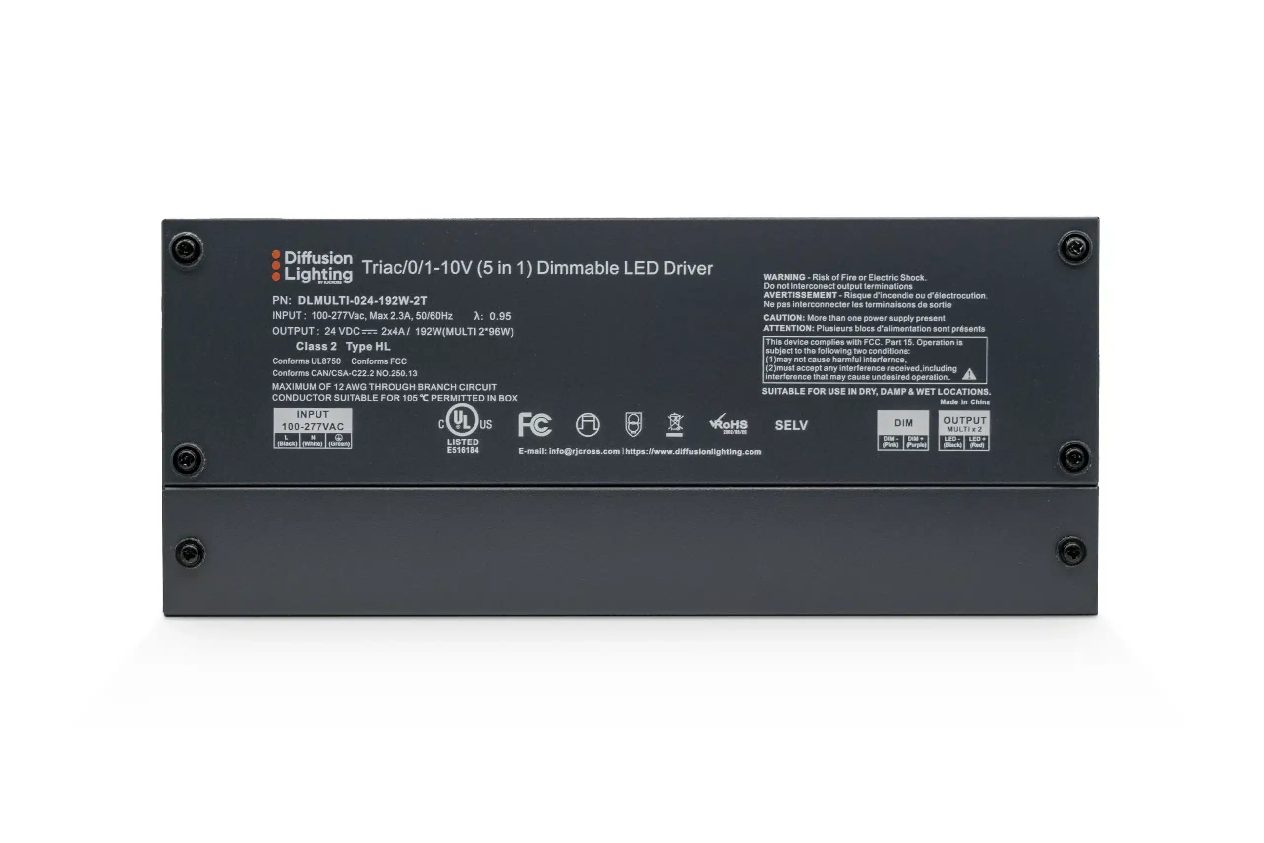 Diffusion DLMULTI-024-192W-2T is a two-tap Dimmable LED Driver that works with Forward / Reverse phase, ELV, Triac, or 0-10V Dimmers.