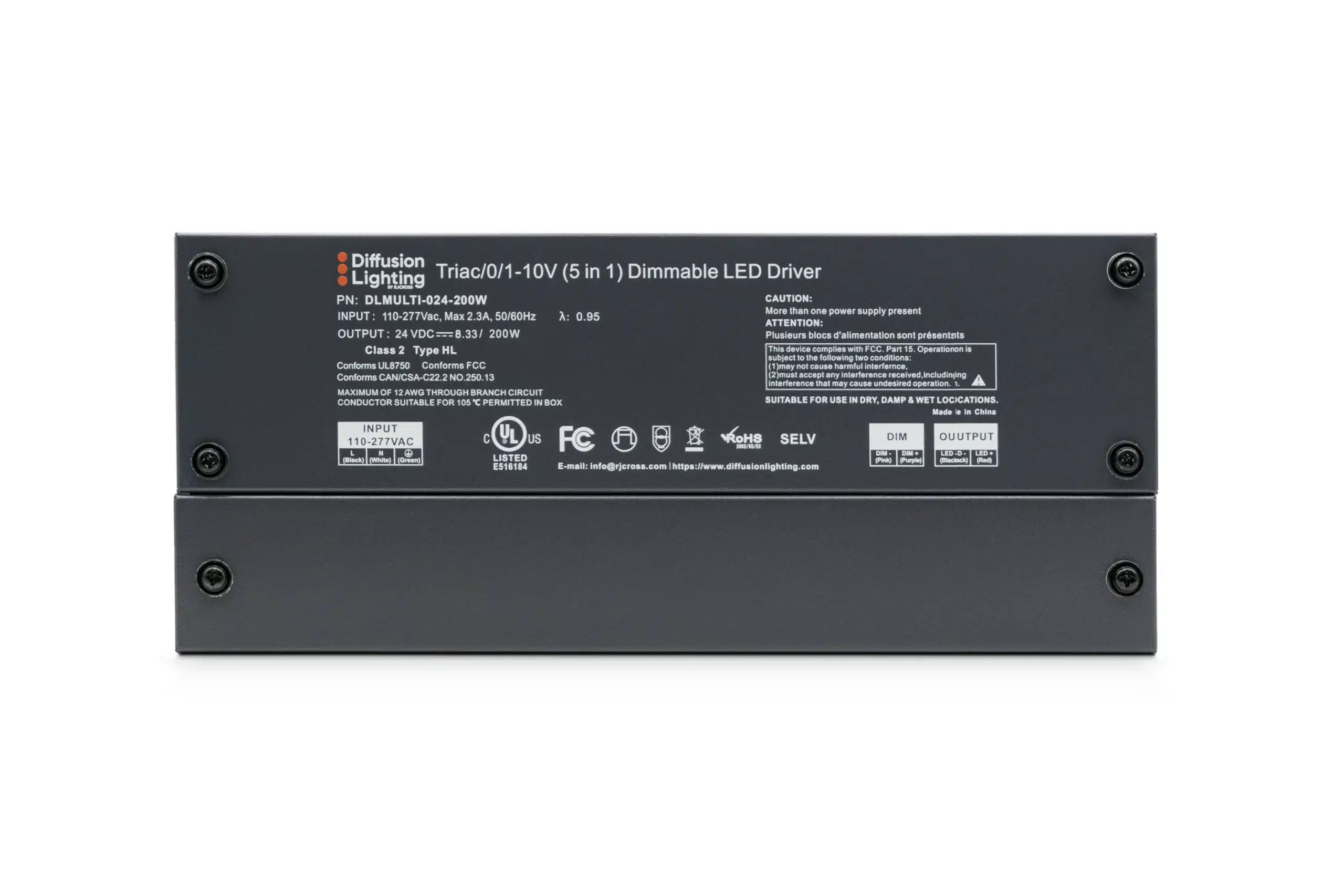 Diffusion DLMULTI-024-200W is a Dimmable LED Driver that works with Forward / Reverse phase, ELV, Triac, or 0-10V Dimmers.