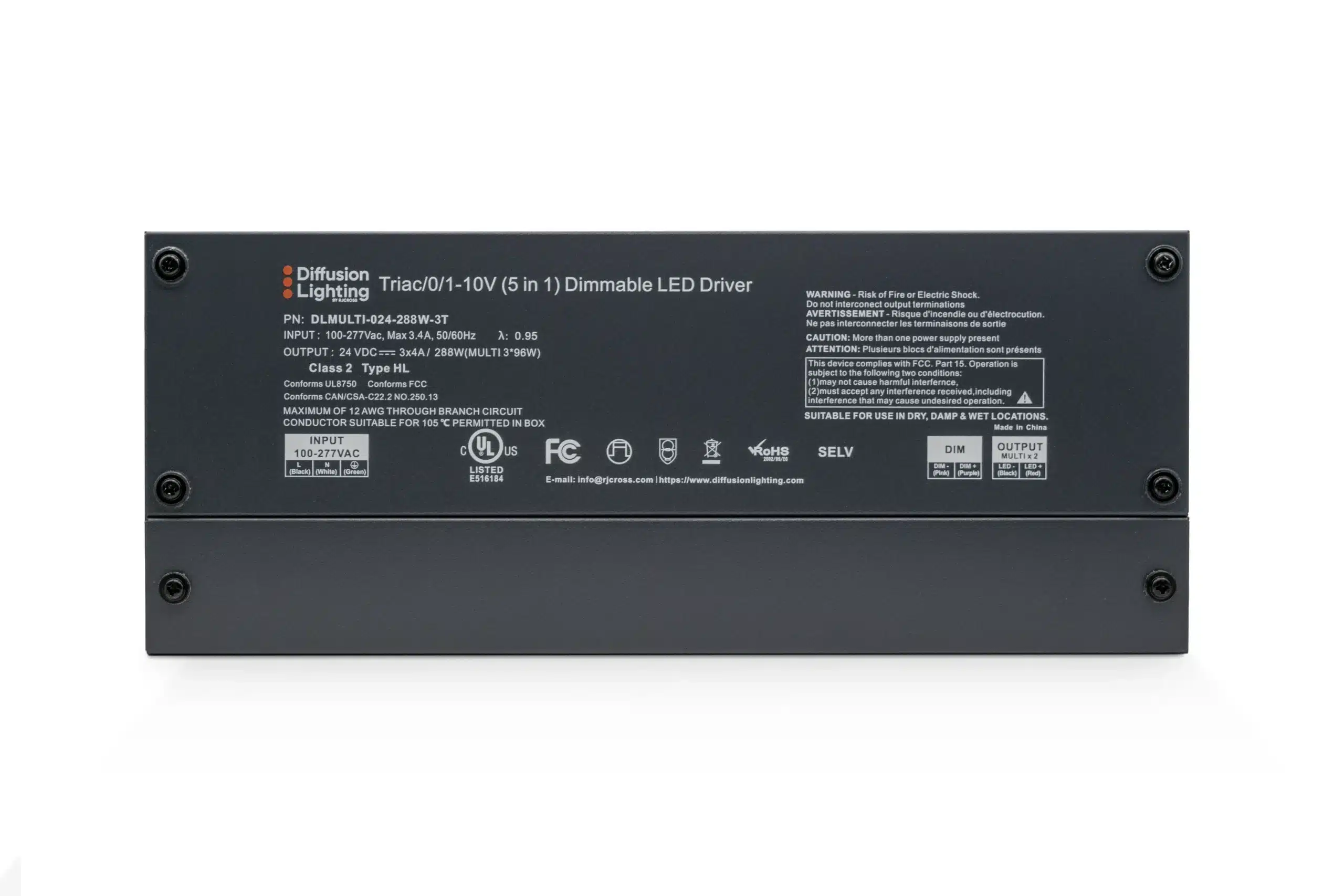 Diffusion DLMULTI-024-288W-3T is a three-tap Dimmable LED Driver that works with Forward / Reverse phase, ELV, Triac, or 0-10V Dimmers.