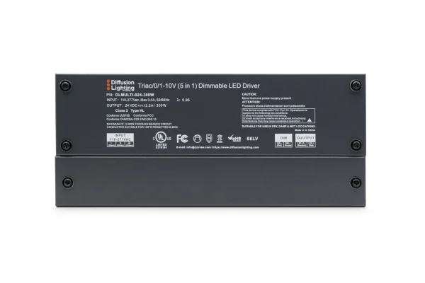 Diffusion DLMULTI-024-300W is a Dimmable LED Driver that works with Forward / Reverse phase, ELV, Triac, or 0-10V Dimmers.