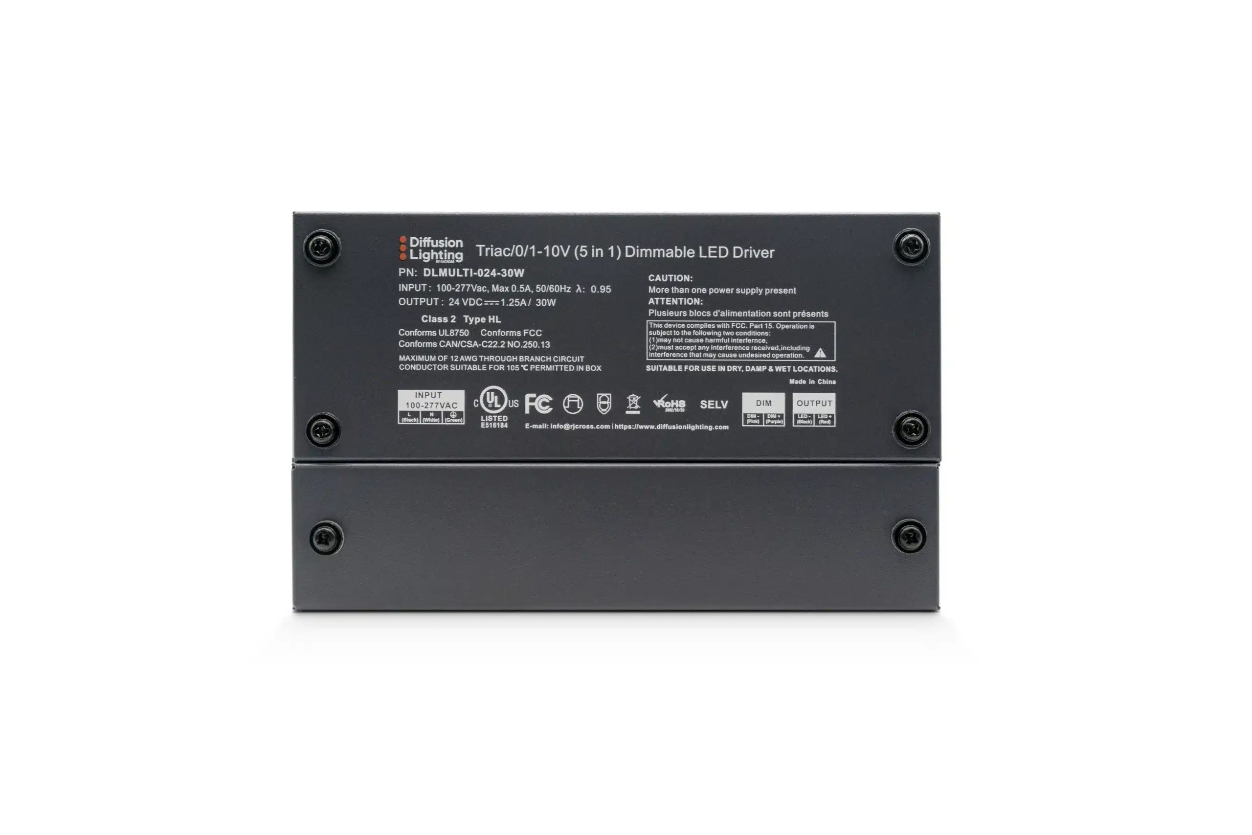 Diffusion DLMULTI-024-30W is a Dimmable LED Driver that works with Forward / Reverse phase, ELV, Triac, or 0-10V Dimmers.