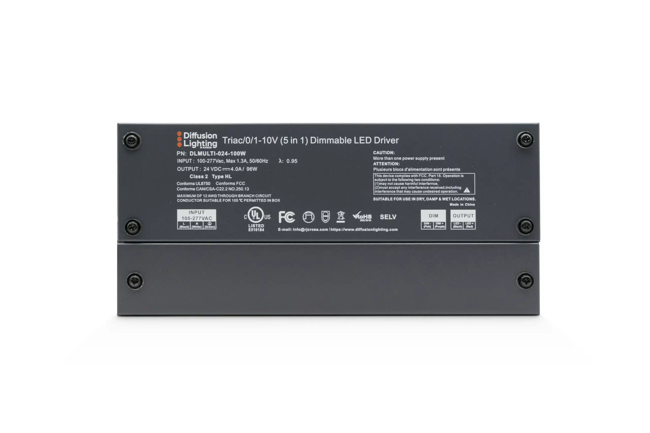Diffusion DLMULTI-024-60W is a Dimmable LED Driver that works with Forward / Reverse phase, ELV, Triac, or 0-10V Dimmers.