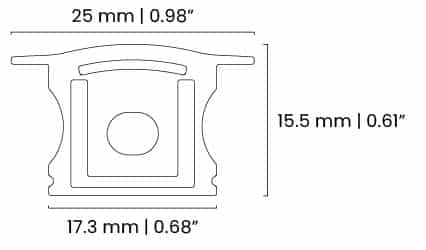 Cross-section view of SLC-003R aluminum extrusion for recessed linear LED lighting with precise mm and inch measurements