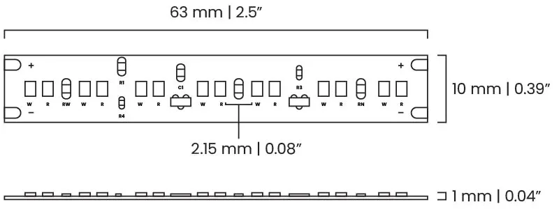 PCB layout diagram of RGBW flexible LED strip showing 63mm segment, 10mm width, SMD LEDs, R/G/B/W solder pads, and polarity markings