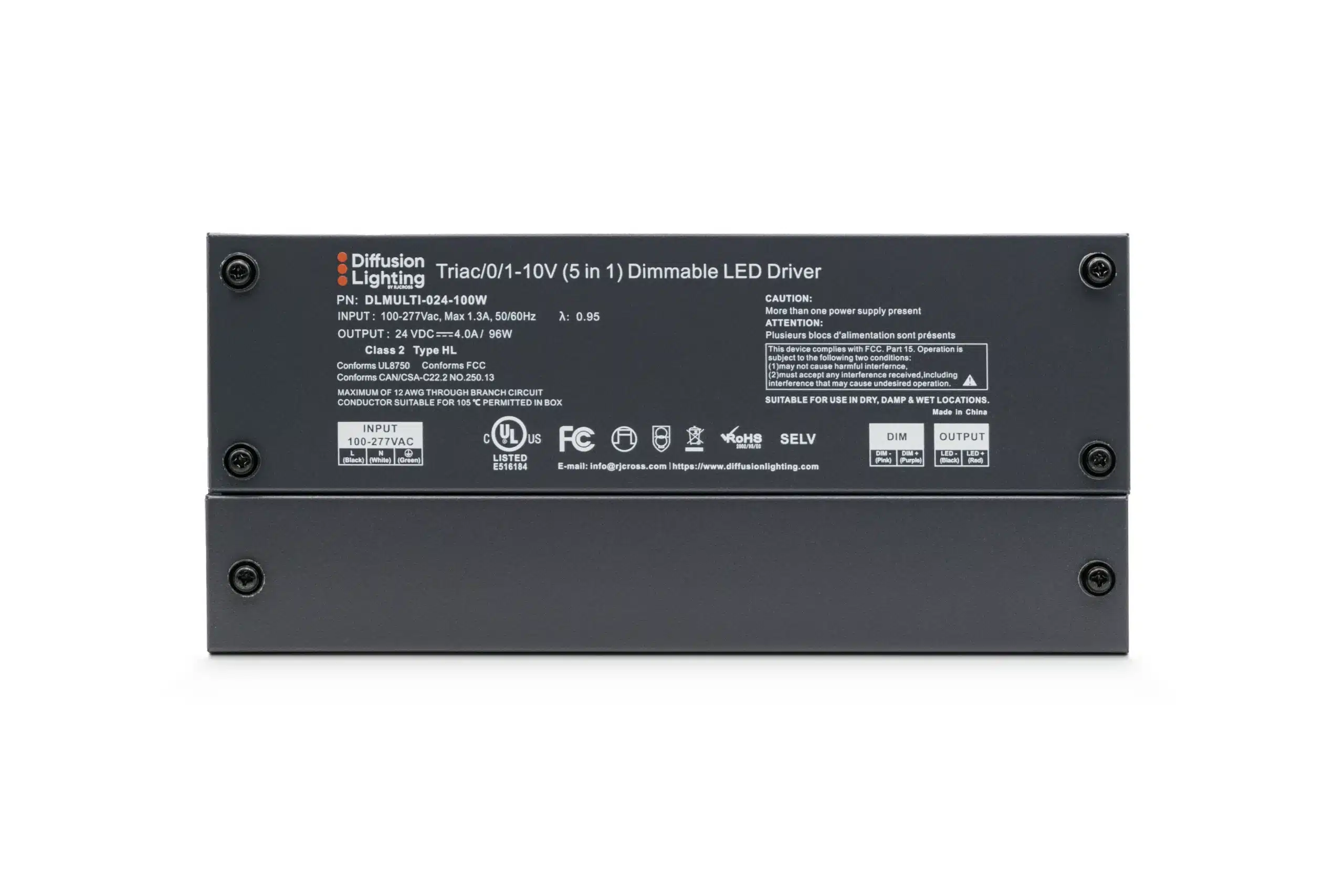 The Diffusion DLMULTI-024-100W is a Dimmable LED Driver that works with Forward / Reverse phase, ELV, Triac, or 0-10V Dimmers.