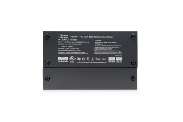 Diffusion DLMULTI-024-30W is a Dimmable LED Driver that works with Forward / Reverse phase, ELV, Triac, or 0-10V Dimmers.