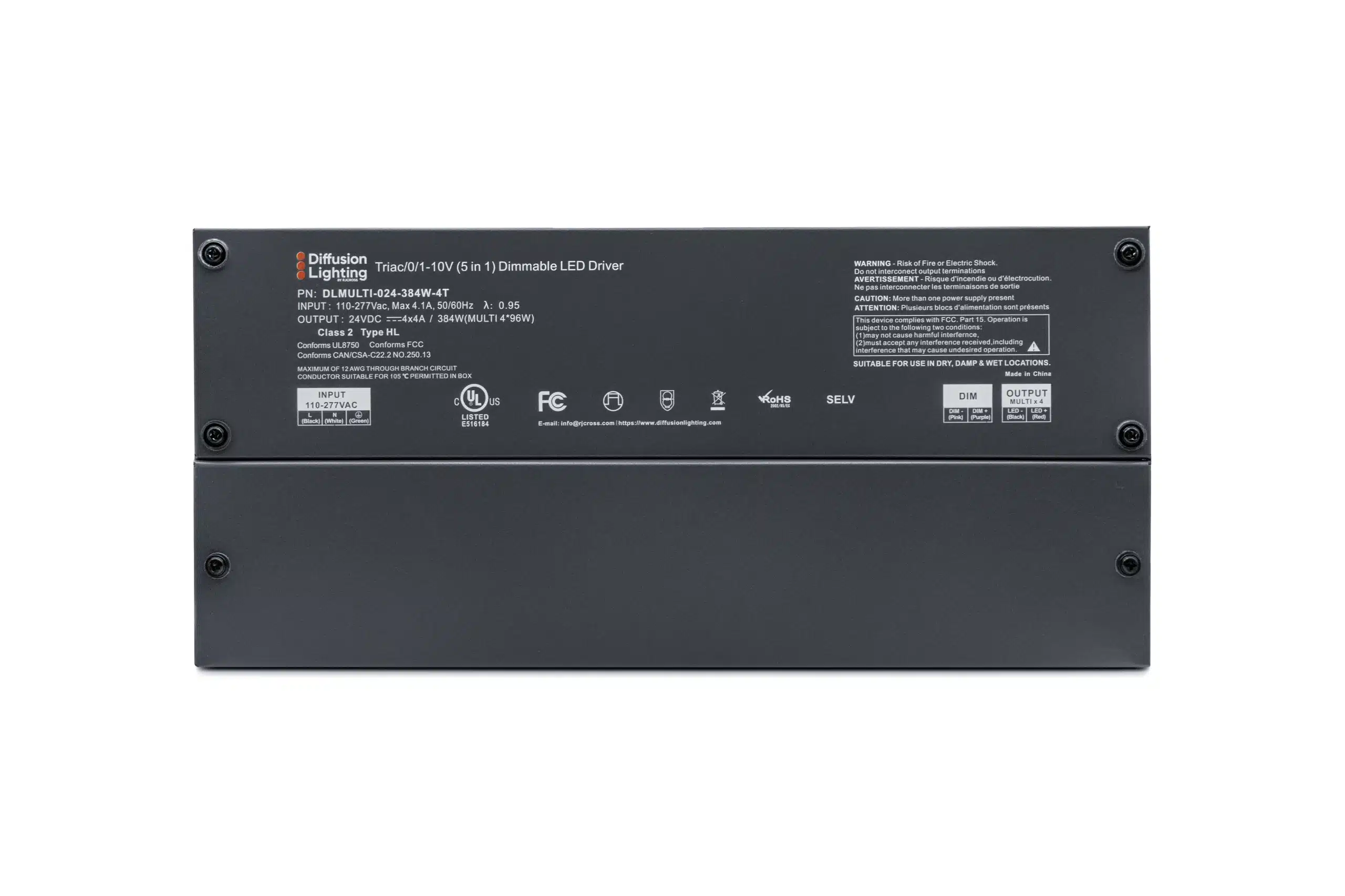 Diffusion DLMULTI-024-384W-4T is a Four-Tap Dimmable LED Driver that works with Forward / Reverse phase, ELV, Triac, or 0-10V Dimmers.